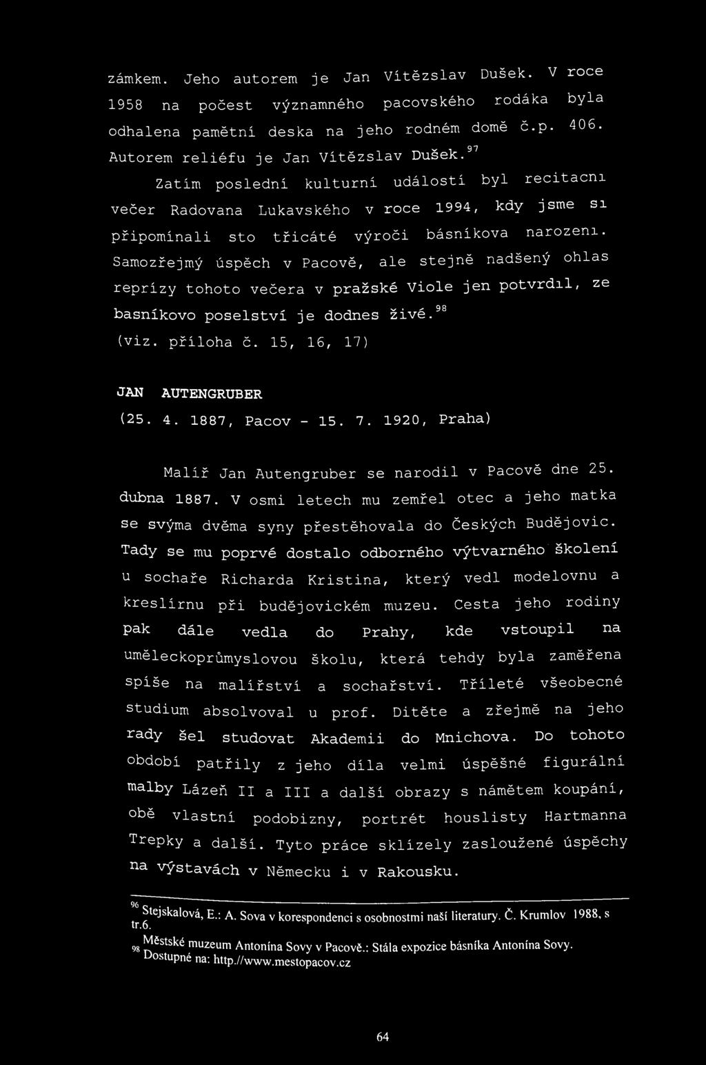 zámkem. Jeho autorem je Jan Vítězslav Dušek. V roce 1958 na počest významného pacovského rodáka byla odhalena pamětní deska na jeho rodném domě č.p. 406. 97 Autorem reliéfu je Jan Vítězslav Dušek.