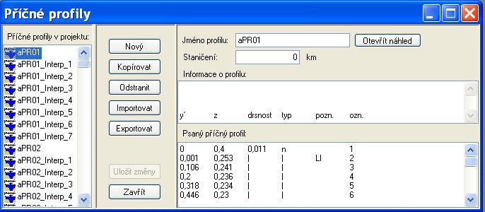 Obr. 1.: Formulář záznamu příčného proflu (souřadnce bodů jsou uvedeny v metrech, jedná se o zmenšený model). Tab. 1.1: Význam znaků v záznamu příčného proflu, jak je předdefnován př založení nového projektu.