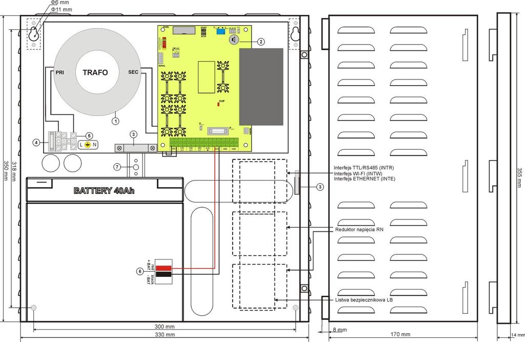 2) TAMPER; mikropřepínač (kontakt) antisabotážní ochrany (NC) F MAINS pojistka obvodu napájení (230V/AC) L-N svorky