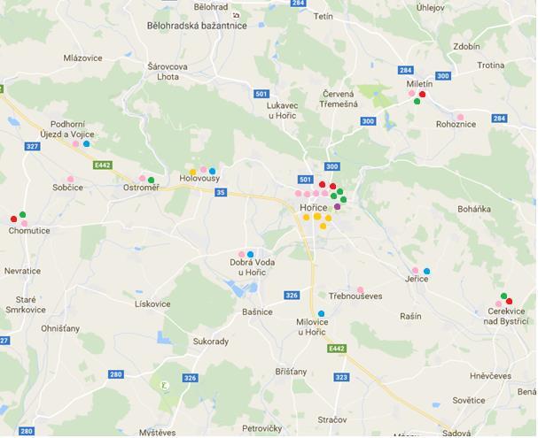 Obrázek 4 - mapa území SO ORP Hořice s barevným vyznačením vzdělávacích zařízení Zdroj: vlastní zpracování mateřská škola základní škola málotřídní (1-5 ročník) základní škola plně organizovaná (1-9