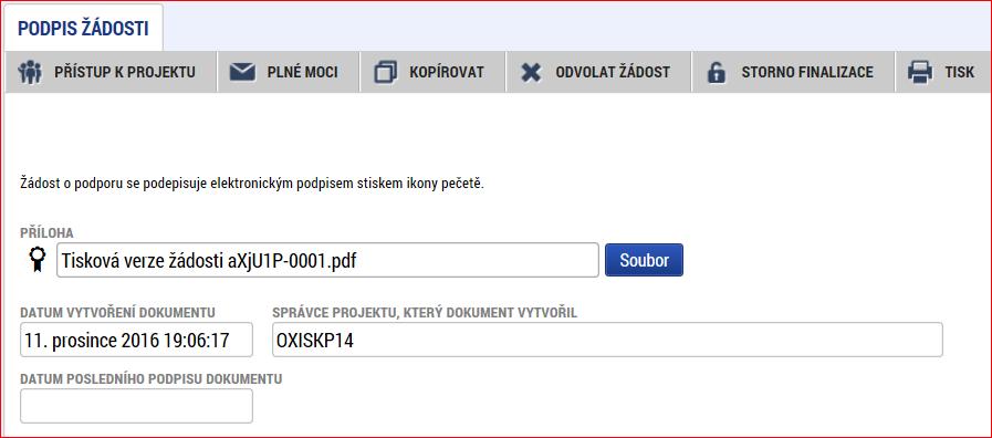 Snímek levého sloupce obrazovky s vyznačením sekce Podpis žádosti Uživatel vstoupí na obrazovku