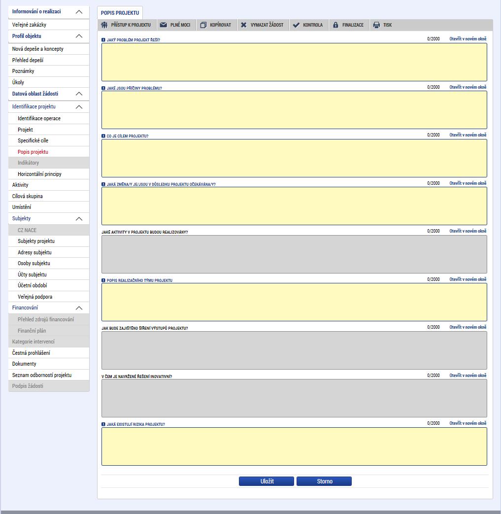 Snímek obrazovky se zobrazením polí ze záložky Popis projektu 6.2.
