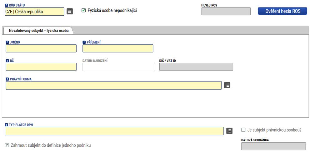 Uživatel vyplní všechna povinná pole a zvolí Uložit. Snímek obrazovky se zobrazením záložky Subjekty projektu 6.2.10.