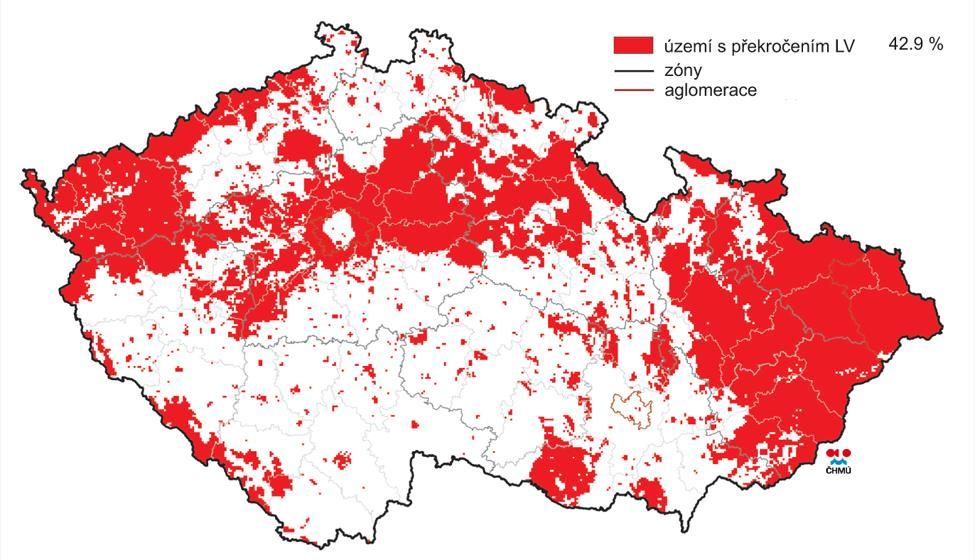 Velikosti území s překročením imisních limitů (dříve OZKO) v rozmezí let 2006 až 2016 jsou znázorněny v grafu č. 2. Graf 2: Překročení imisního limitu (LV) v ČR, % plochy, 2006-2016 Zdroj: http://portal.