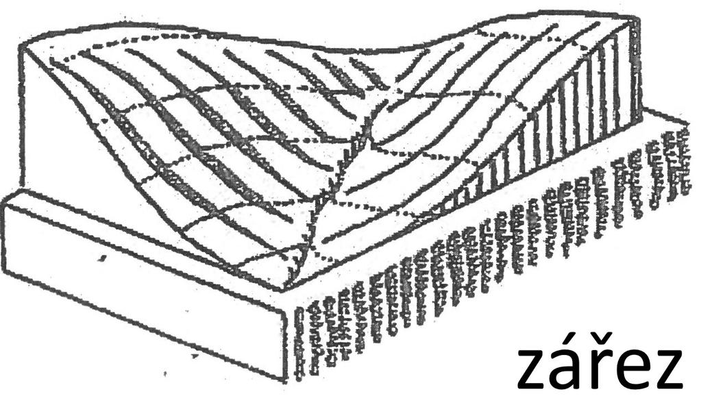 ÚŽLABÍ vhloubený tvar mezi dvěma vypuklými nebo rovnými plochami vzniká v místě styku vhloubených dílčích ploch styková čára je údolnice mělké úžlabí mírně vhloubená terénní plocha, vrstevnice jsou