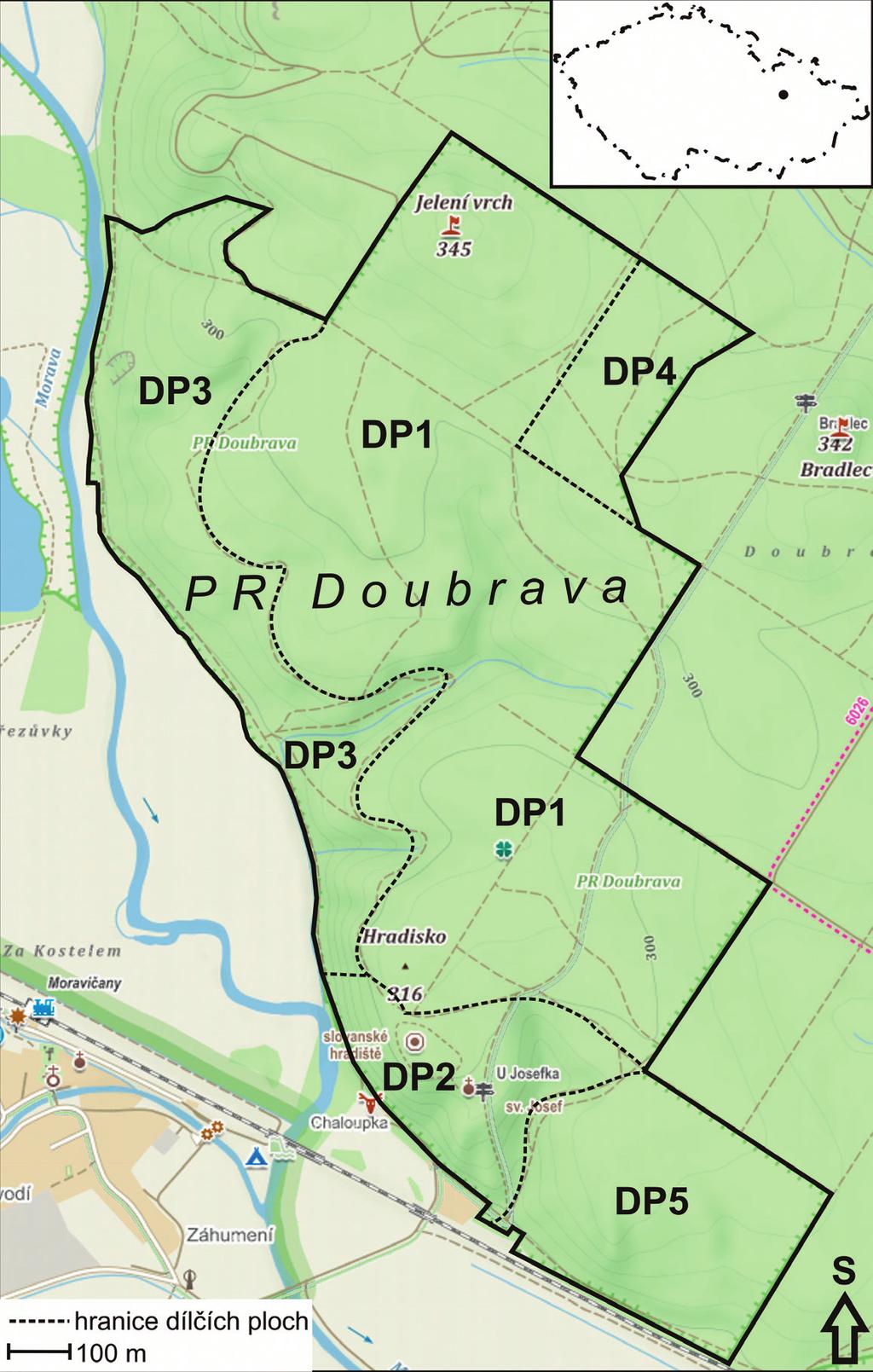 8 Obrázek 1. Mapa studovaného území (PR Doubrava) s vyznačením dílčích ploch (DP1 DP5).