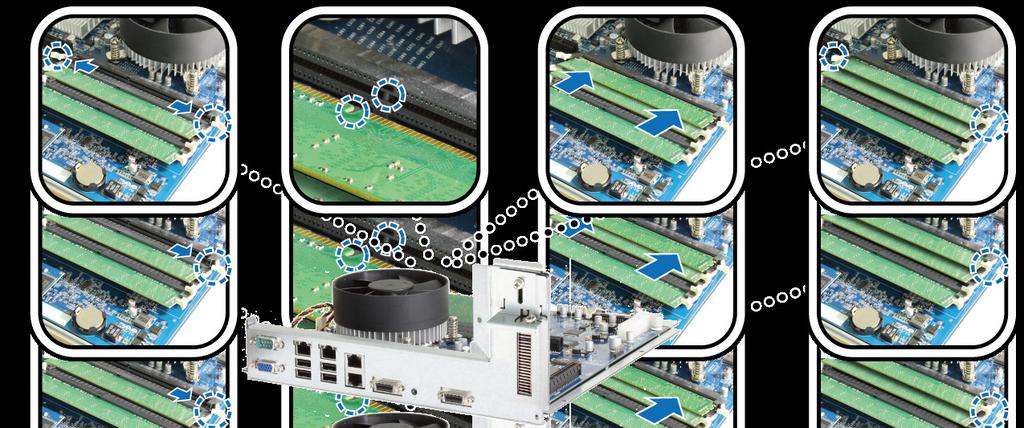 4 Vložte nový paměťový modul do paměťového slotu na základní desce: a Otevřete vysouvací západky na paměťovém slotu a zatlačte je do stran.