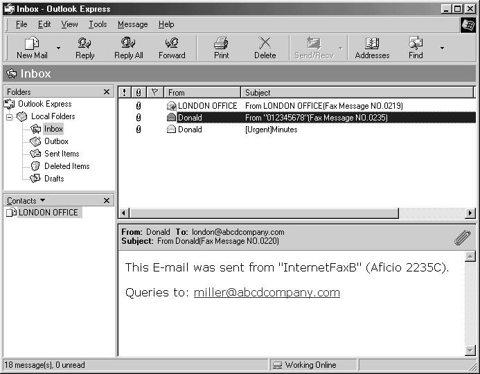 Pøíjem Doruèené obrazy Zde je pøíklad dokumentu odeslaného z tohoto zaøízení faxem v Internetu a pøijaté v poèítaèi, ve kterém je nainstalován poçtovní software Outlook Express.