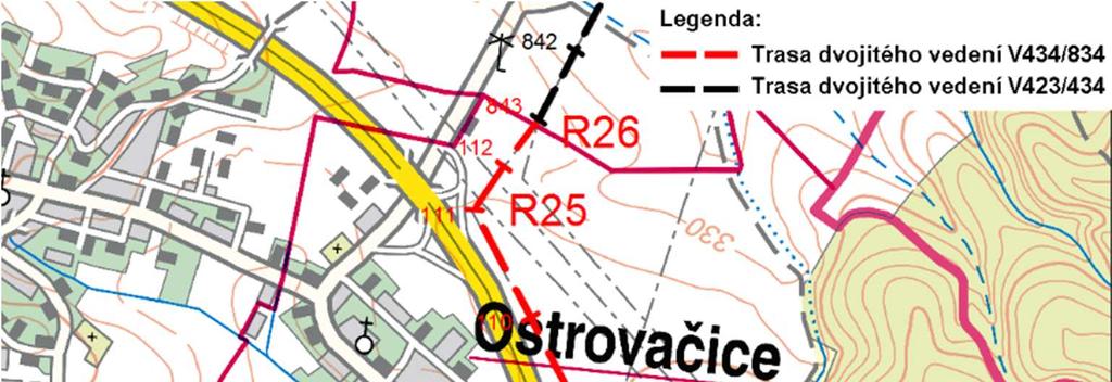 Dvojité vedení V434/834 po stožár č. 112 (843) Posuzovaný záměr zdvojení vedení o napěťové hladině 400 kv bude realizován po stožár č. 112 (843) v trase stávajícího jednoduchého vedení V434.