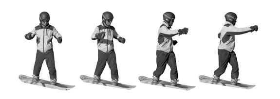 V jízdě šikmo svahem přeneseme hmotnost na přední nohu, položíme snowboard více na plochu skluznice a navážeme rotací trupu a tlakem dolních končetin ve směru oblouku - čili ke svahu.