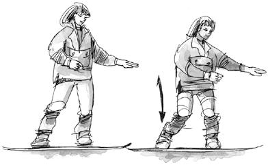 Střídání vysoké a nízké polohy Skoky do výšky na místě i stranou Koloběžka Přesun snowboardisty na rovině pomocí odrazů s přední nohou ve vázání a zadní nohou uvolněnou z vázání je podobně jako u