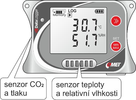 U4440 Kompaktní teploměr - vlhkoměr tlakoměr měřič koncentrace CO2 Tento model měří teplotu, relativní vlhkost, teplotu rosného bodu, barometrický tlak a koncentraci CO 2 v ovzduší pomocí interních