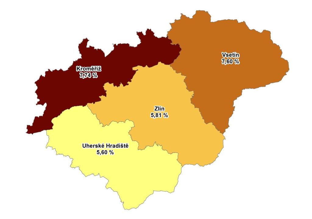 MAPA Podíl nezaměstnaných v okresech Zlínského kraje k