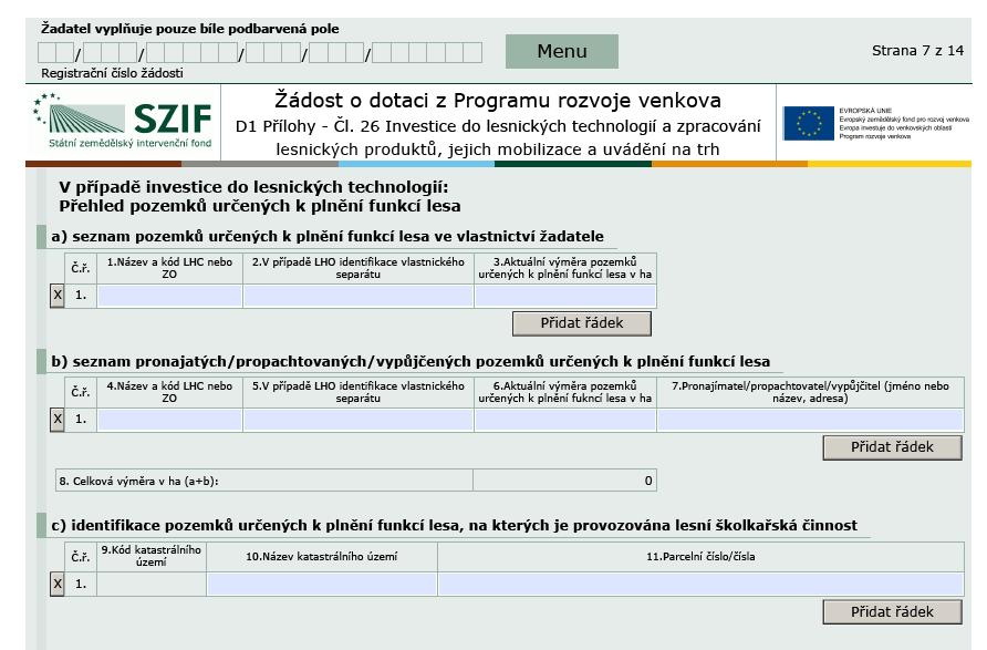 Formulář Žádosti o dotaci v Portálu Farmáře Specifické strany čl.