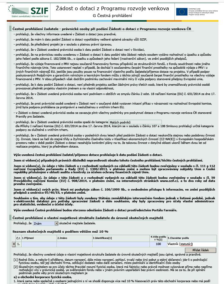 Formulář Žádosti o dotaci v Portálu Farmáře 59 PO - povinnost žadatelů identifikovat skutečné majitele dle zákona č. 253/2008 Sb.
