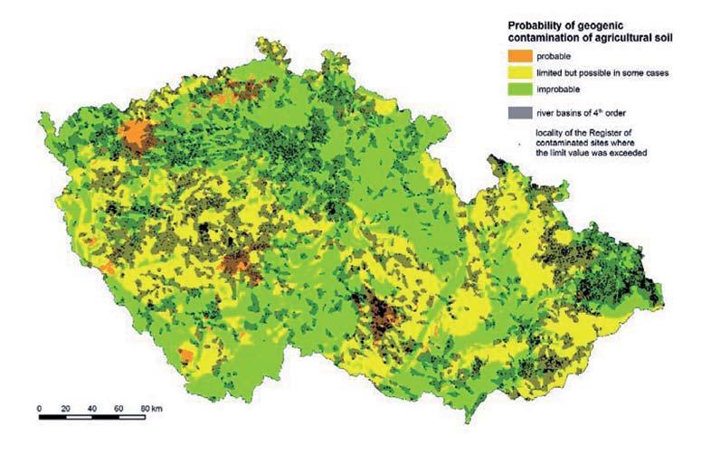 416 Půda, její využívání a ochrana Legislativní zabezpečení ochrany půdy 417 Obrázek 26. Vymezení oblastí zvýšené geogenní zátěže půd a povodí 4. řádu.