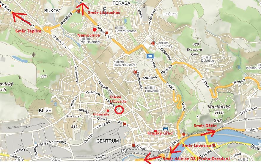 3. Analýza dopravy v okolí městských sadů 3.1. Popis území Oblast se nachází v centru města, nachází se zde obytné domy, ale také občanská vybavenost např. Poliklinika, obchody a restaurace.