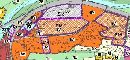 Obr. 6: Plochy Z14, Z15, Z16, Z73, Z76, Z77 a Z91 na hlavním výkresu ÚP a leteckém snímku (zdroj: Urbanistické středisko Ostrava s.r.o. 2017, ČÚZK).