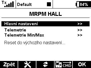 12 a novější (s nastavením Output mode ->EX bus) Přijímač propojený s MRPM HALL EX Busem Verze firmwaru vysílače 2.02 a novější + profil zařízení (MRPM HALL.