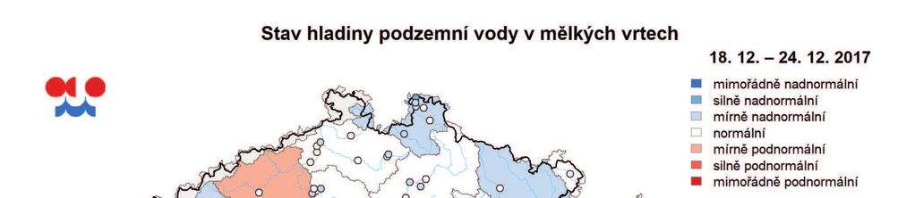 Mapa ukazuje stav podzemní vody ve sledovaných vrtech a oblastech povodí dle pravděpodobnosti překročení úrovně hladin v daném týdnu v referenčním