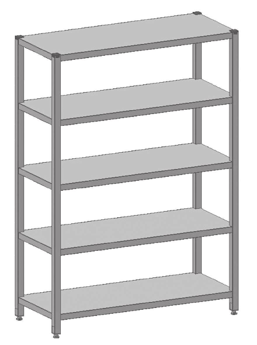 REGÁLY SKLADOVÝ REGÁL S PLNÝMI POLICEMI Celonerezové provedení. Nosná konstrukce z jeklu 40x40mm, police tl. 40mm vyztužené podélnými výztuhami. Maximální délka regálu 2800mm (6 nohou).