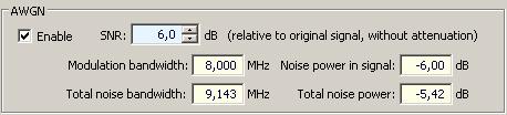 1 Přidání Gaussova šumu Obr. 20: Simulátor přenosového kanálu DTC-305 Pro přidání AWGN (Additive White Gaussian Noise) se musí nejdříve aktivovat kanálový simulátor přes volbu Enable.