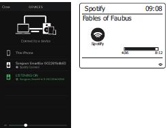 2. Na chytrém telefonu otevřete aplikaci Spotify a uvidíte okno přehrávání, jak ukazuje obrázek vpravo. 3. Stiskněte (podle potřeby i opakovaně) tlačítko Radio a vyberte režim Spotify Connect.