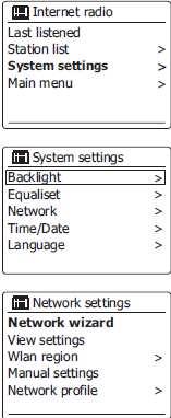 Podrobnější informace najdete níže viz také Síťové profily. Nastavení rádia na připojení k jiné WiFi síti 1. V menu nastavení sítě (Network settings) vyberte Network wizard.