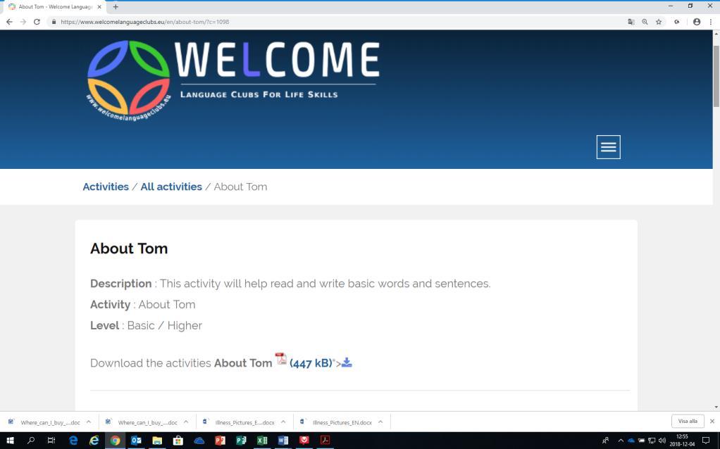 When you click on an activity, a short description will be shown and an icon for downloading the activity.