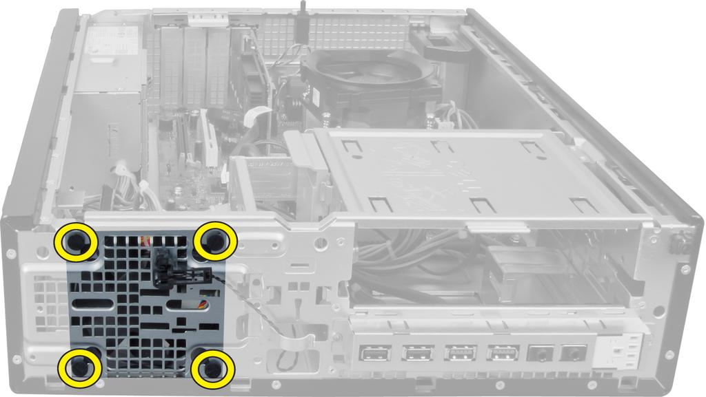 Montáž systémového ventilátoru 1. Umístěte systémový ventilátor do skříně. 2. Protáhněte čtyři průchodky skrze skříň a posuňte je směrem ven dle drážek. 3.