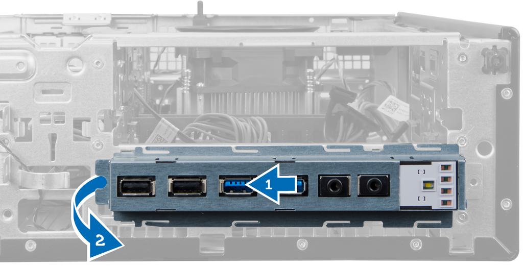 7. Panel I/O vysuňte směrem k levé straně počítače, tím jej uvolněte a následně jej spolu s kabelem vytáhněte z počítače. Montáž panelu I/O 1. Desku I/O vložte do slotu v přední části skříně. 2.