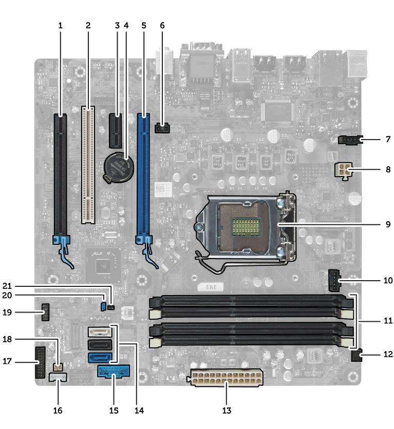 Konektor spínače proti neoprávněnému vniknutí (Intruder) 7. Konektor ventilátoru (Fan_SYS) 8. Konektor napájení (12V_PWRCONN) 9. Procesor 10.