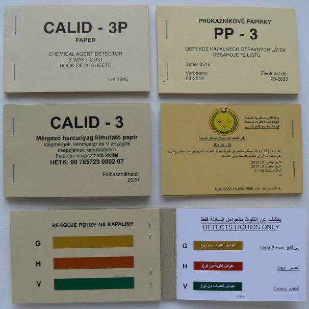4 Detekce kapalných BCHL 4.1 Detekční papírky 4.1.1 Detekční papírky PP 3, CALID 3 Průkazníkový papírek (PP) pro detekci 3 druhů látek, označovaný také CALID 3 (Chemical Agent Liquid Detection).