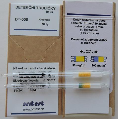 6.2 Standardní operační postupy detekce pomocí DT Detekce amoniaku Podstata stanovení: Změna barvy detekční vrstvy detekční trubice DT-008 ze žluté na zelenou až modrou.