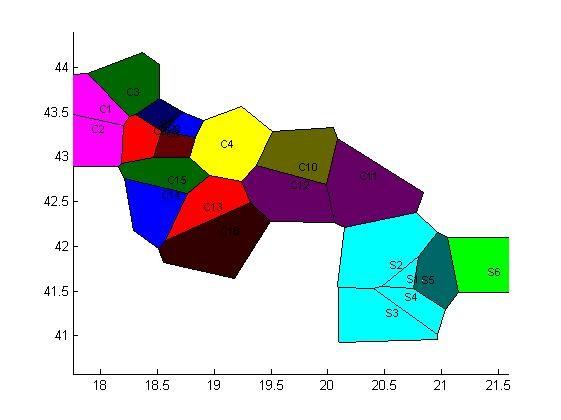 The example of very fragmented populations: the best model in BAPs for Central and Southern Dinaromys populations (spatial clustering of groups of individuals): K=13 (i.e. evidence of very high