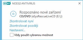 4.1.2 Výměnná média ESET NOD32 Antivirus dokáže automaticky kontrolovat výměnná média (CD/DVD/USB/...) po jejich připojení/vložení do počítače.