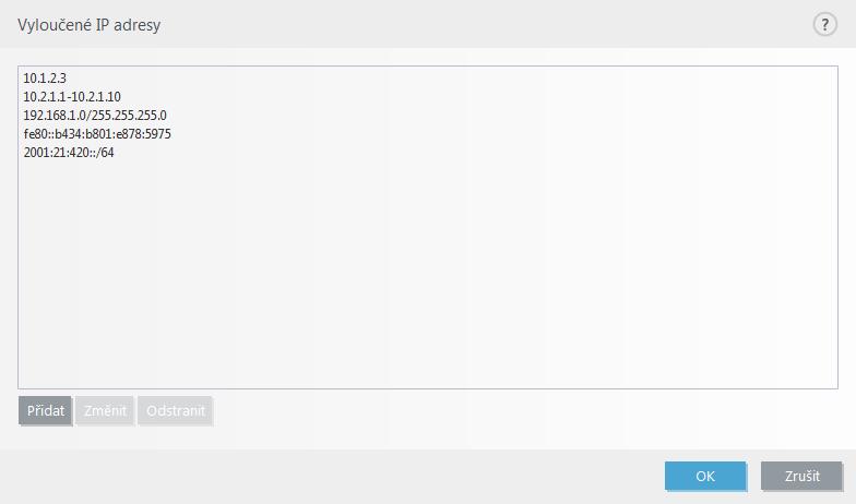 4.2.3.3 Vyloučené IP adresy IP adresy uvedené v tomto seznamu budou vyloučeny z filtrování protokolů.