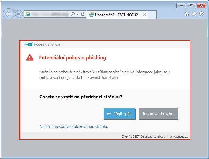 Poznámka: V případě, že budete pokračovat na potenciální phishingovou stránku, na několik hodin se pro ni vytvoří výjimka. Následně bude přístup opět blokován.