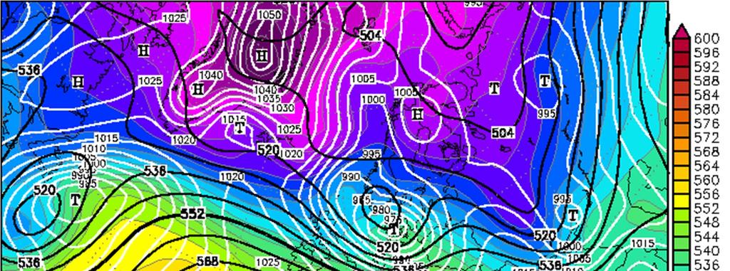 Kapitola 5: Výsledky 59 Obr. 6 Synoptická situace nad Evropou a severním Atlantikem z 3 ledna 976 v 6 UTC.