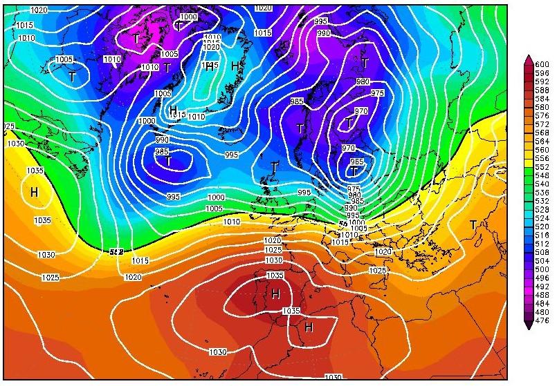 Kapitola 5: Výsledky 63 Obr. 0: Synoptická situace nad Evropou a severním Atlantikem z 9. ledna 007 v 00 UTC.