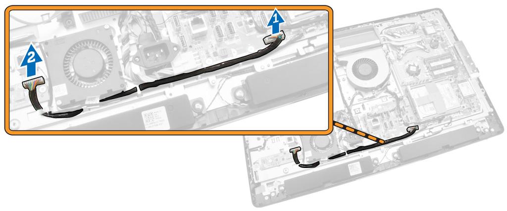 4. Podle obrázku proveďte následující kroky: a. Odpojte kabel podsvícení displeje od konektorů na desce převodníku [1]. b.