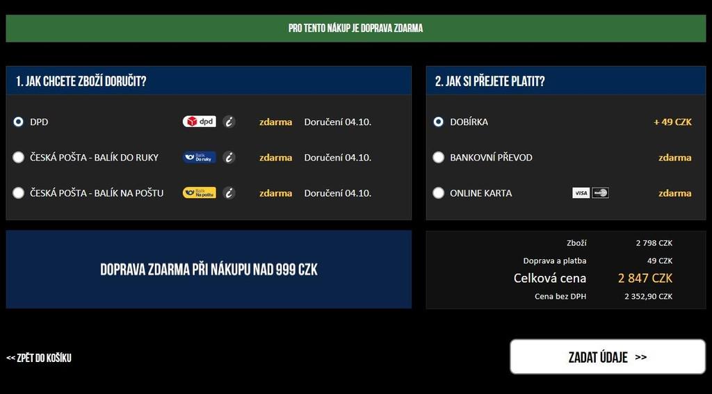 nastavená cena k položce Doprava a platba.
