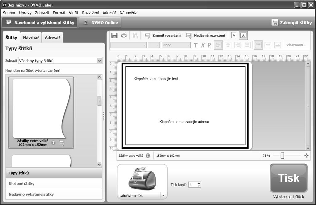 Obrázek 9 ilustruje některé z hlavních funkcí dostupných v softwaru DYMO Label. Výběr typu štítku dle vzhledu a použití rozvržení. Použití rozvržení pro štítek.