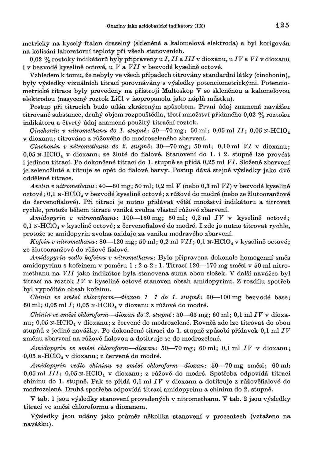 Oxaziny jako acidobasické indikátory (IX) 5 metricky na kyselý ftalan draselný (skleněná a kalomelová elektroda) a byl korigován na kolísání laboratorní teploty při všech stanoveních.