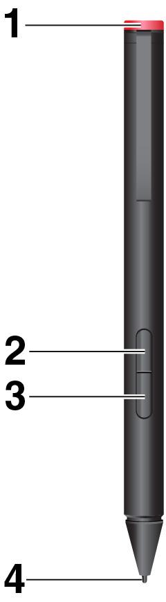 Přehled pera 1 Krytka: Odšroubujte krytku a vložte nebo vyměňte baterii. 2 Pravé tlačítko: Chcete-li klepnout pravým tlačítkem, klepněte hrotem pera na displej a stiskněte pravé tlačítko.