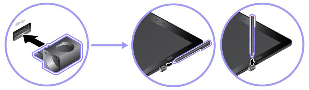 Použití držáku pera USB 3.0 k uložení pera Počítač může být dodán s držákem pera USB 3.0. Držák pera slouží k uložení pera k počítači: 1. Vložte držák pera do konektoru USB 3.0 počítače. 2.