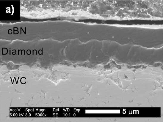 Jako mezivrstva mezi substrátem a karbidem bóru je použit čistý titan nebo TiN, Ti- AlN s jasně rozeznatelnými rozhraní. Vrstvy TiN a TiAlN vykazují sloupkovitou strukturu.