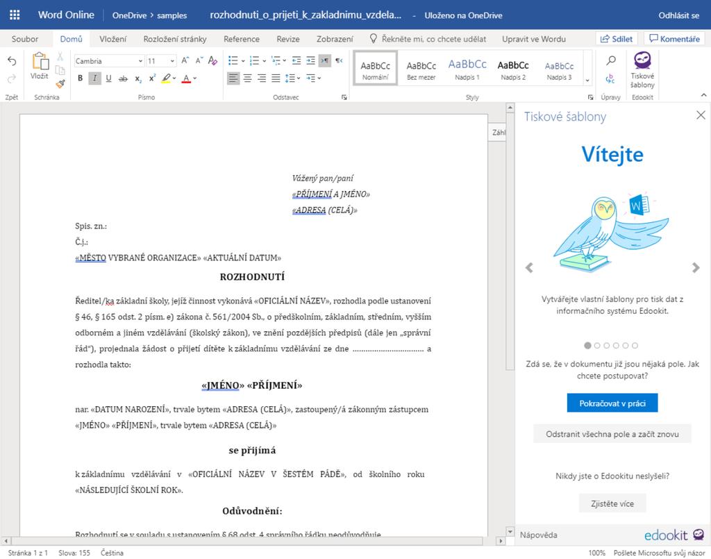 je může stáhnout a následně otevřít ve Wordu. Po otevření doplňku v již připravené šabloně bude Váš Word vypadat podobně jako na následujícím obrázku.