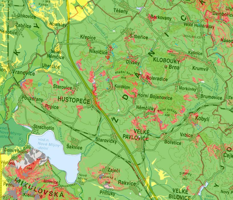 Náchylnost svahů na území Hustopečska k sesouvání (označeno červeně) Pramen: https://mapy.geology.cz/svahove_nestability/ Potenciálním rizikem by mohla být ložisková území, resp.
