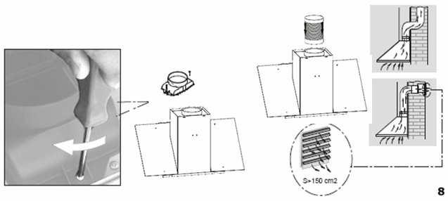 Připojení externího odtahu 8. K horní části odsavače par připojte propojení a poté připevněte 125 mm odtahovou hadici (vězte prosím, že odtahová hadice není dodána spolu se spotřebičem).